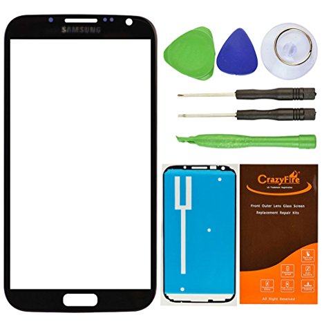 CrazyFire® Black New Front Outer Glass Lens Screen Replacement For Samsung Galaxy Note II Note2 N7100 I317 L900 T889 I605 R950 Adhesive Tape Tools Kit
