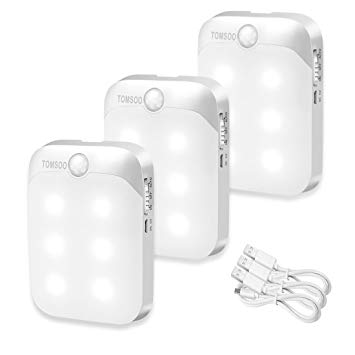 TOMSOO Rechargeable Motion Sensor Light, 6-LED Stick Anywhere Wireless Smart Motion Activated Closet Light, Indoor Security Light for Stair/Kitchen/Bathroom/Laundry Room/Hallway, 3pcs, White