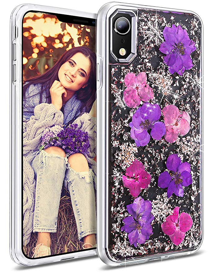 HoneyAKE Case for iPhone XR, Luxury Glitter Bling Sparkle Cute Pretty Handmade Genuine Flower Shock Absorbing Hybrid Protective Phone Cover Case for Girls Women for iPhone XR 6.1 inch(Purple)