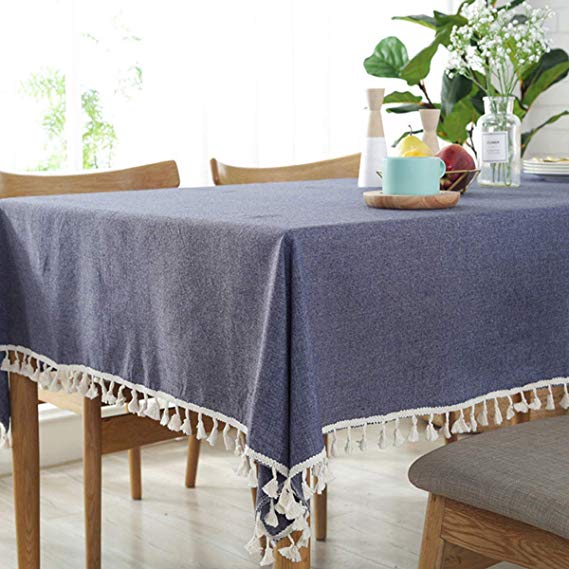 Bringsine Stitching Tassel Tablecloth Heavy Weight Cotton Linen Fabric Dust-Proof Table Cover Kitchen Dinning Tabletop Decoration(Rectangle/Oblong, 55 x 70 Inch, Blue)