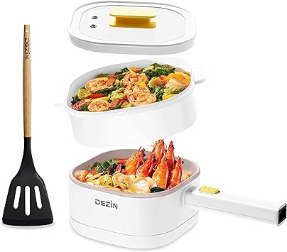 Dezin Hot Pot Electric with Steamer, 2L Non-Stick Electric Pot, Multifunction Cooker for Ramen, Soup & Oatmeal, Portable Hot Pot with Power Control for Dorm, Office, Travel (Silicone Spatula Included)