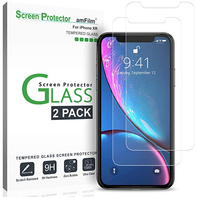 iPhone XR Screen Protector Glass (2-Pack), amFilm iPhone XR 6.1 Tempered Glass Screen Protector with Easy Installation Tray for Apple iPhone XR (6.1") (2018)