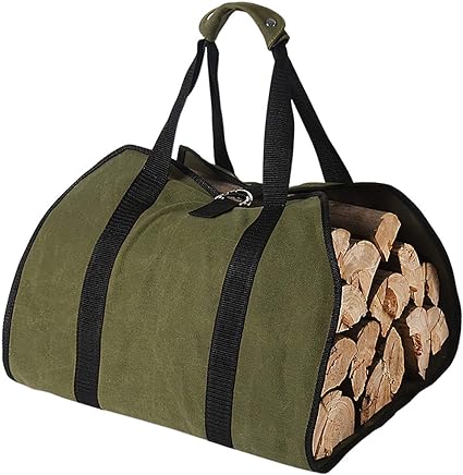 Tenn Well Waxed Canvas Log Carrier for Firewood, 96cm x 46cm 16oz Heavy Wood Carrying Bag with Handles Securing Straps for Camping Indoor (Army Green)