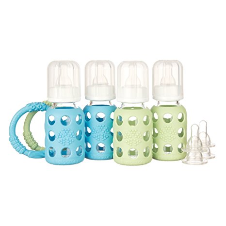 Lifefactory BPA-Free Starter Set with 4 4-Ounce Glass Baby Bottles with Silicone Sleeves, 2 Silicone Teethers, and 2 Nipple 2-Packs (Stage 1 and Stage 2), Spring and Sky