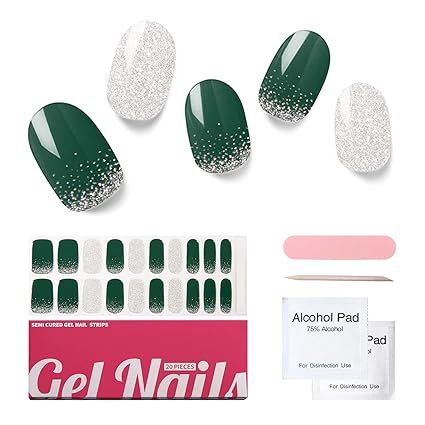 Semi Cured Gel Nail Strips, 20 PCS Gel Nail Stickers Work with UV Light, Gel Nail Wraps, Salon Quality & Easy to Use - Shineway