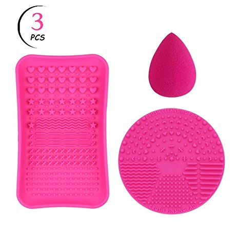TailaiMei Makeup Brush Cleaning Mats, 1 Mini Makeup Brush Cleaner mat, 1 Cosmetic Brushes Cleaning Plate Portable Washing Tool and 1 Sponge Blender,Silicone Brush Scrubber for Face and Eye Brush(Pink)