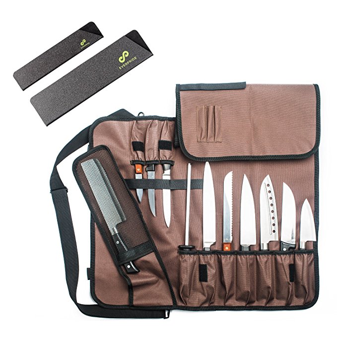 Chef Knife Roll Up Storage Bag (14 Slots) | Holds 10 Knives, 1 Meat Cleaver And 3 Utensil Pockets | Includes 2 Knife Guards | Easily Carried by Shoulder Strap For Sous Chefs, Cooks, Culinary Students