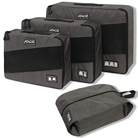ATACAT 4 Set Packing Cubes with Shoe Bag - 3 Various Sizes Travel Luggage Packing Organizers ((S M L Shoes Bag) Grey)