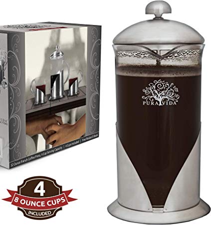 Pura Vida French Press Coffee Maker Set, 34 oz - 4 Level Filtration System - 4 Luxury Mugs - Heat Resistant Borosilicate Glass French Press with Durable 304 Grade Stainless Steel - Tea Maker, 8 Cup