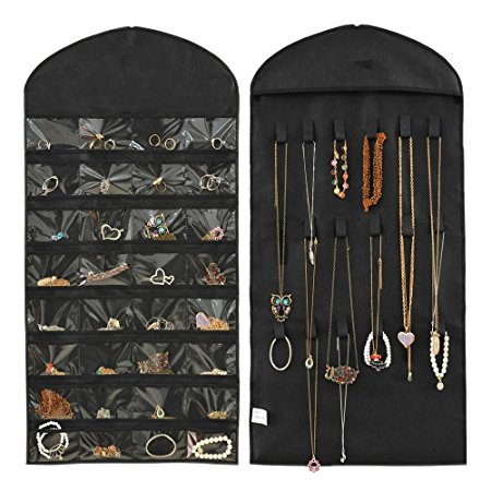 Hippih 32 Pockets 18 Hook and Loops Jewelry Scroll Closet Hanging Non-Woven Organizer Holder,Black