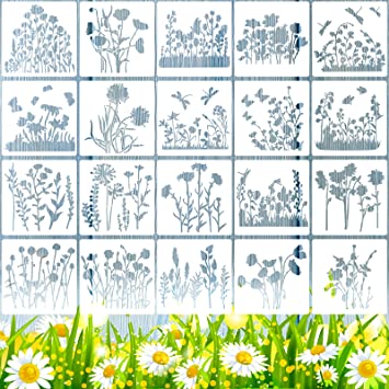 20 Pieces Stencil Template for Painting Reusable Animal Plant Stencil Spring Summer Winter Template, DIY Christmas Stencils for Painting on Wood Wall Home Decor (Wild Flower)