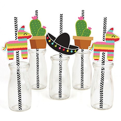 Let's Fiesta - Paper Straw Decor - Mexican Fiesta Party Striped Decorative Straws - Set of 24