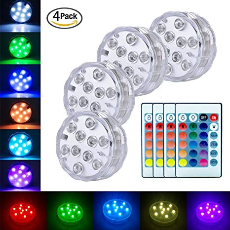 Submersible LED Lights Battery Powered Remote Controlled RGB Multi Color Changing Waterproof Light for Aquarium Vase Base Pond Wedding Halloween Party (4 Pack)