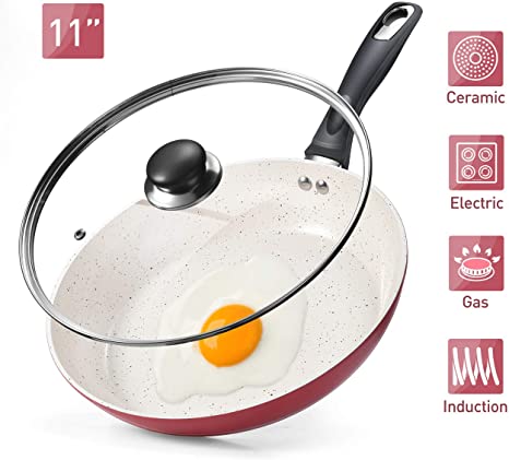 11” White & Pink Ceramic Frying Pan with lid, Exquisitely Nonstick Fry Pan with Heat Insulation Handle, 100% APEO & PFOA-Free Ceramic Non-Stick Coating, Skillet Cookware, Ideal for Family