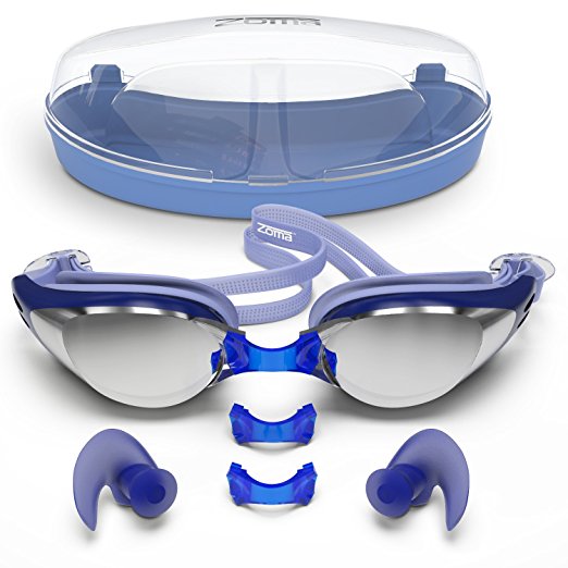 Swimming goggles with Anti Fog Technology for Women and Men - Customisable Nose Bridge for the Perfect Fit for Adults and Kids - Packaged in Premium Goggle Case - FREE Ergonomic Silicone Earplugs Included