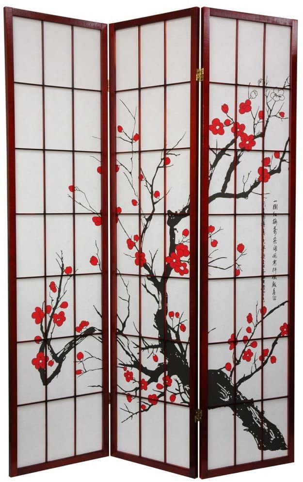 Oriental Furniture Art Print Shade, 6-Feet Sakura Blossom Shoji Folding Floor Screen Room Divider, Rosewood 3 Panel