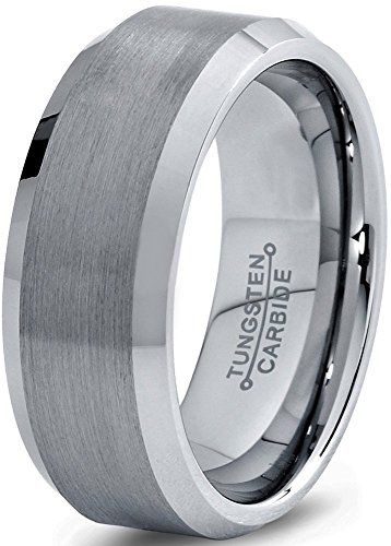 Tungsten Wedding Band Ring FREE Custom Laser Engraving 8mm for Men Women Silver Grey Beveled Edge Brushed Comfort Fit Lifetime Guarantee