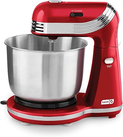 Dash Stand Mixer (Electric Mixer for Everyday Use): 6 Speed Stand Mixer with 3 qt Stainless Steel Mixing Bowl, Dough Hooks & Mixer Beaters for Dressings, Frosting, Meringues & More - Red