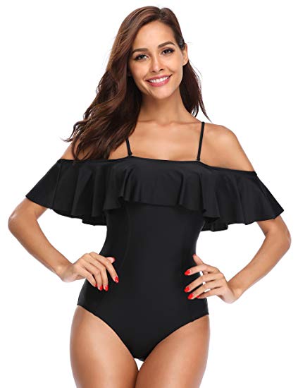 MarinaVida Women One Piece Ruffle Swimsuit Off Shoulder Bathing Suit