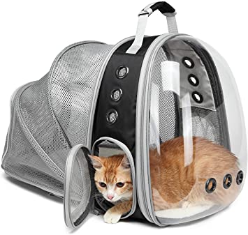 Texsens Pet Expandable Backpack Carrier for Dogs Cats Puppy - with Space Capsule Bubble Transparent Clear Expandable Bag - Designed for Traveling, Hiking & Outdoor Use