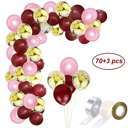 Vodolo Burgundy Balloons - 12Inch Ruby Red Balloons Baby Pink Balloons and Gold Confetti Latex Balloons for Bachelorette Bridal Shower Wedding Birthday Party Decorations, Gold Ribbons/Stripe Tape/Dot Glue Included