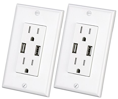 UL Listed- High Speed USB Charger and Duplex Receptacle 15-Amp, 3.1A Charging Capability, Tamper Resistant Outlet- Wall-plate Included MICMI 215 (White USB Charger 2pack)