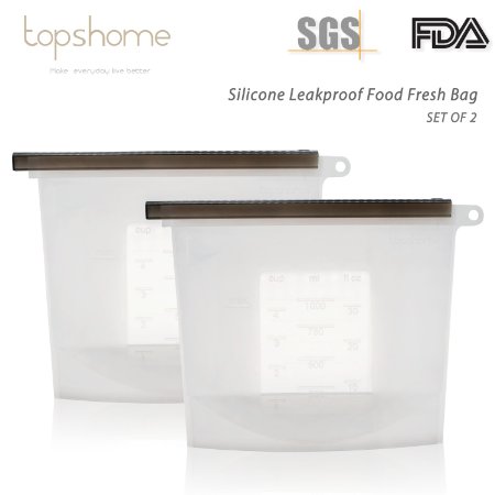 Multipurpose Fresh Bag in 1L for Sandwich, Reusable Seal Silicone Food Storage Bag, Airtight Container, for Vegetables, Fruits, Bread, Set of 2, by Topshome
