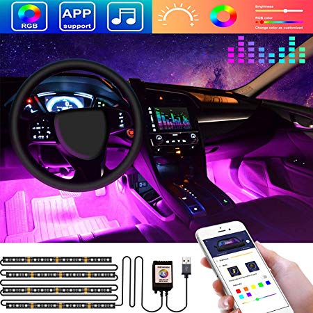 LED Interior Car Lights,App Controlled Car Interior Lights with USB Port, Multicolor Car LED Lights Interior as Ambient Lights, Music Sync Interior LED Lights for Cars With Sound Active Function