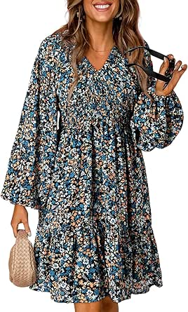 Dokotoo Womens Dresses 2024 Boho Floral V Neck Long Sleeve Smocked Elastic Waist Casual A-Line Swing Mini Dress Sundress