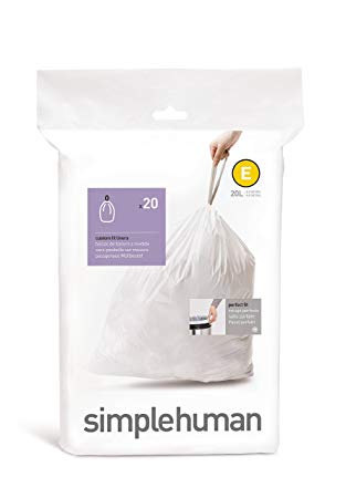 simplehuman code E Custom Fit Drawstring Trash Bags, 20 L / 5.3 Gallon, 1 Refill Pack (20 Count)