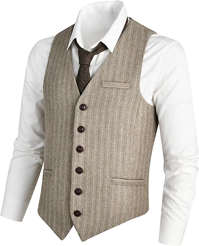 VOBOOM Men's Slim Fit Herringbone Tweed Suits Vest Premium Wool Blend Waistcoat, Striped Light Khaki, Medium