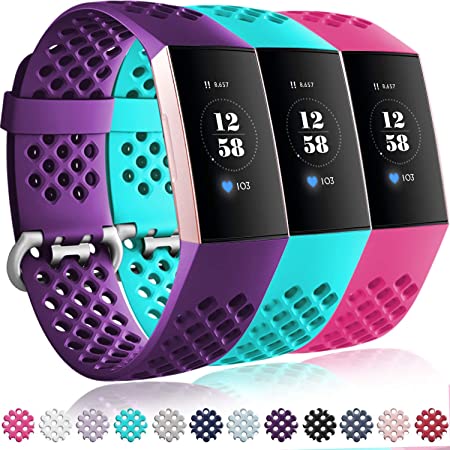 Getino Sport Bands Compatible for Fitbit Charge 4 and Fitbit Charge 3, Soft, Waterproof and Durable TPU Breathable Wristbands, Replacement Strap with Air Holes for Women Men,Small Purple/Teal/Rose