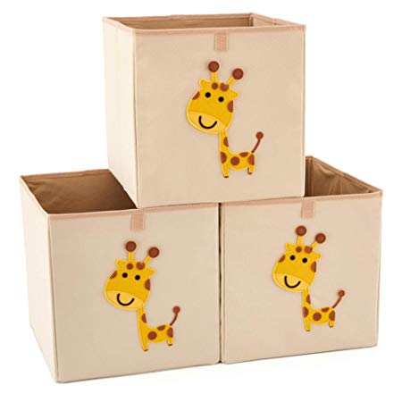 EZOWare Set of 3 Foldable Fabric Basket Bin, Collapsible Storage Cube for Nursery Home, Kids and Toddlers (13 x 15 x 13 inch, Giraffe)