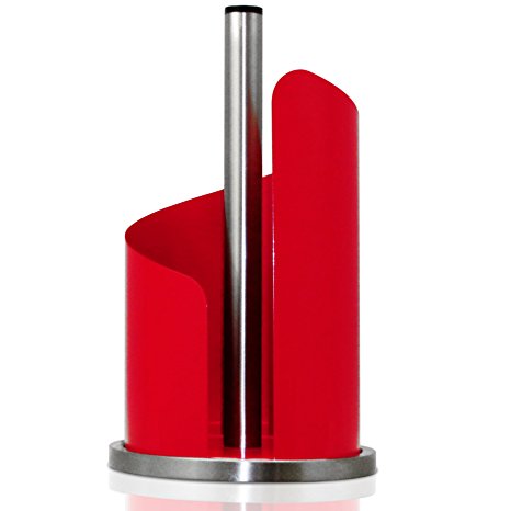 UpGood Countertop Paper Towel Holder with Brushed Stainless Steel and Iron Accents | Vertical Roll Dispenser (Large Stand, Red)