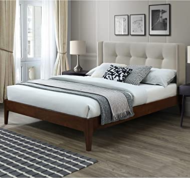 DG Casa Conway Mid Century Modern Upholstered Platform Bed Frame with Button Tufted Wingback Headboard and Full Wooden Slats, Box Spring Not Required - Queen Size in Beige Fabric