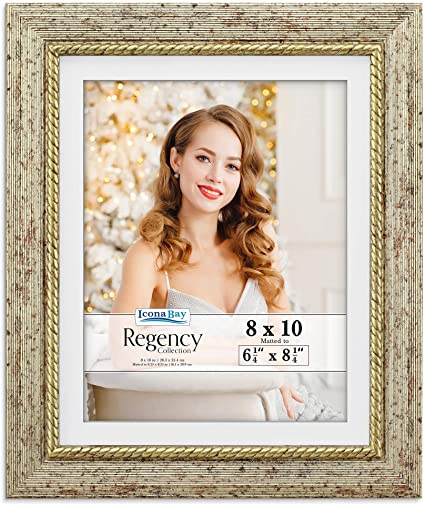 Icona Bay 8x10 (20x25 cm) Gold Picture Frame w/Mat, Baroque Style Photo Frame 8 x 10, Wall Mount or Table Top, Regency Collection