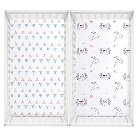 TILLYOU Microfiber Crib Sheets Set for Boys & Girls, Silky Soft Toddler Sheets Printed, Hypoallergenic Breathable Cozy Baby Sheets, 28 x 52in, 2 Pack Mystery Reindeer