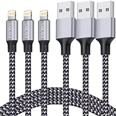 iPhone Charger, TAKAGI Lightning Cable 3PACK 6FT Nylon Braided USB Charging Cable High Speed Data Sync Transfer Cord Compatible with iPhone 13/12/11 Pro Max/XS MAX/XR/XS/X/8/7/Plus/6S/6/6S/6 (Grey)