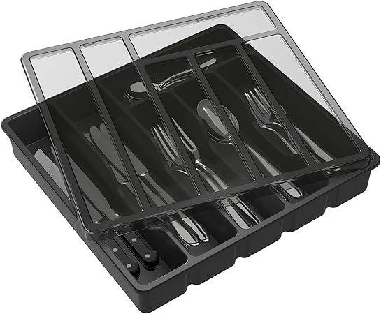 Lifewit Silverware Organizer with Lid, Covered Utensil Tray for Kitchen Drawer and Countertop, Plastic Cutlery and Flatware Storage Box for Spoons Forks Knives Holder Case, 6 Compartments, Black