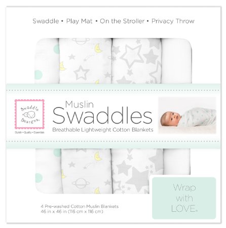 SwaddleDesigns Set of 4 Muslin Swaddle Blankets Goodnight Starshine