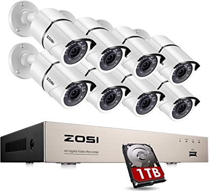 ZOSI 8CH Security Camera System Outdoor with 1TB Hard Drive,H.265  8Channel 5MP Lite HD-TVI CCTV Recorder, 8pcs 1080P 1920TVL Home Surveillance Cameras,120ft Night Vision, Remote Access, Motion Alert