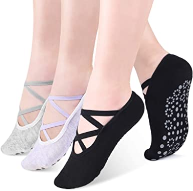 Women Yoga Socks Pilates Socks With Grips -Non Slip Socks No Show Socks for Yoga Ballet Dance Gym Hospital - 3 Pack