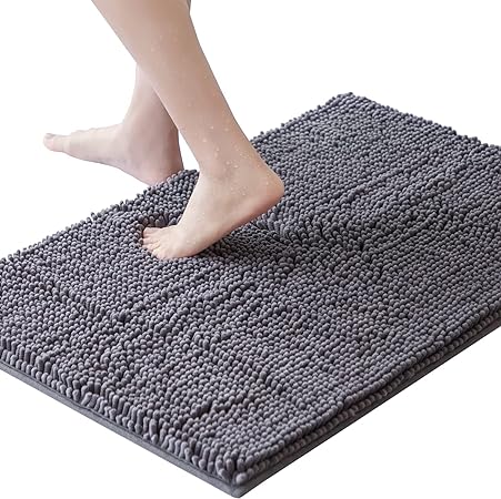 Lifewit Extra Soft Bathroom Rug Mat, Absorbent Shaggy Chenille Bath Rug, Non Slip Plush Rugs for Bathroom,Tub and Shower, Grey, 43×61cm