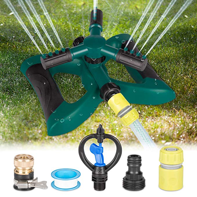 Kupton Lawn Sprinkler System, 360° Rotating Adjustable Sprinkler Head, 3-arm Sprayer Garden Sprinkler Irrigation System, Large Area Covering Up to 3600 Square Feet