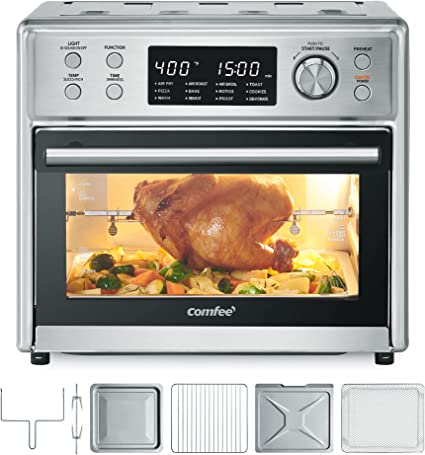 COMFEE' 12-in-1 Toaster Oven Air Fryer Combo Countertop 6 Slice 12’’ Pizza, Convection Toaster Oven with Rotisserie, Precise Temperature Control 26.4 QT Large Capacity, Stainless Steel