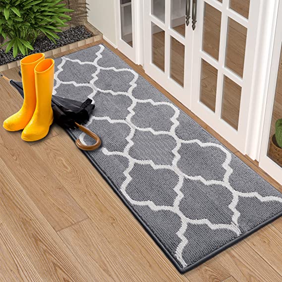 OLANLY Indoor Door Mat, 20x47, Non-Slip Absorbent Resist Dirt Entrance Rug, Machine Washable Low-Profile Inside Floor Mat Door Rugs for Entryway, Grey Trellis