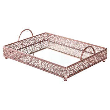 Amalfi Decor Rose Gold Mirror Top Serving Tray, Rectangular Metal Ornate Accent Vanity Food Decorative Display Platter