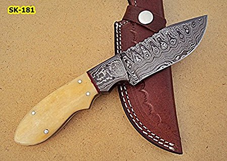 SK-181, Custom Handmade Damascus Steel Skinner Knife - Beautiful White Bone Handle