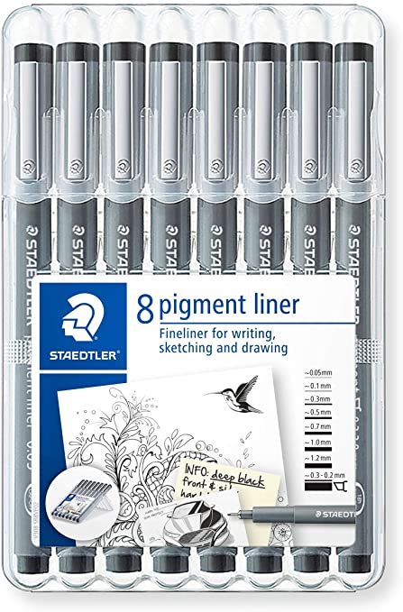 Staedtler Pigment Liner Fineliner Pens with Assorted Line Width - Black (Set of 8)