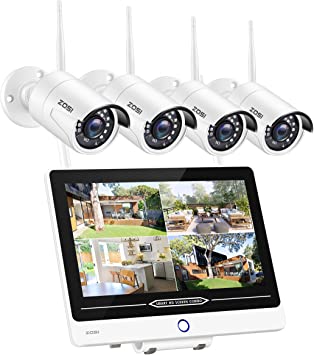 ZOSI SD12 All in one Wireless Security Camera System with 12.5 inch LCD Monitor,H.265  8CH 1080P NVR,4pcs 2MP Outdoor WiFi Surveillance Cameras,80FT Night Vision,Motion Detection,1TB Hard Drive